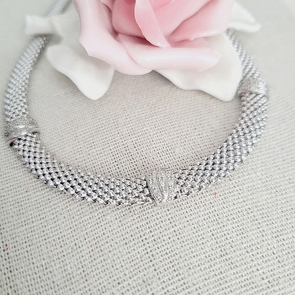 VINTAGE Designer Xoni diamond station popcorn design sterling silver necklace - Picture 2 of 10